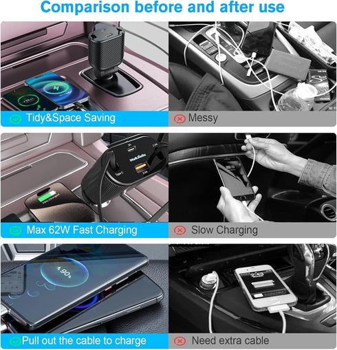 Retractable Car Charger 4 in 1 Fast Charging Adapter, 62W Type-C/Lightning Cables for iPhone 16/15/14/13/12 Pro Max