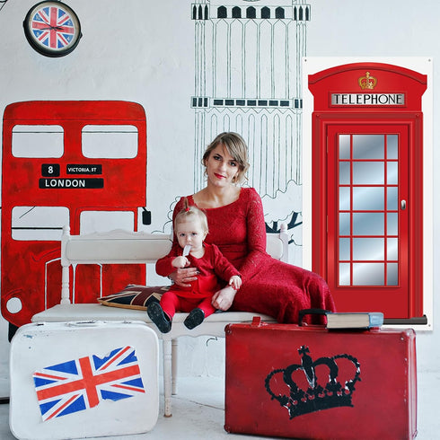 English Phone Booth Door Cover, Large Fabric Red Telephone Box Decor Banner for Photo Backdrop, 78.7 x 35.4 Inch