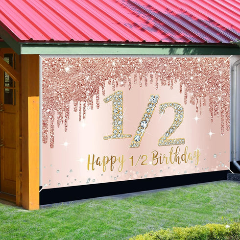 Happy 1/2 Birthday Banner Backdrop Decorations for Girls, Rose Gold Half Birthday Party Sign Supplies, Pink 6 Months