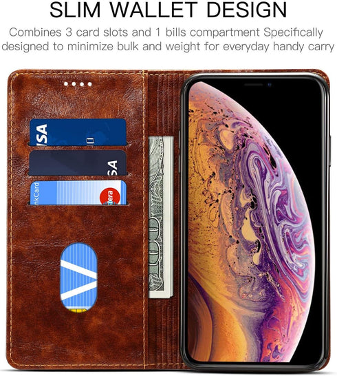 SINIANL iPhone XR Case, Leather Wallet Folio Book Design Flip Cover with Stand and ID Card Slot, Khaki