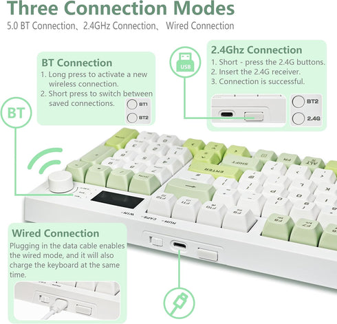 Bangsanth BT5.0/2.4GHz/USB-C, 94-Key, Wireless Keyboard, Quiet Keyboard for Work, Tri-Mode Creamy Keys with RGB