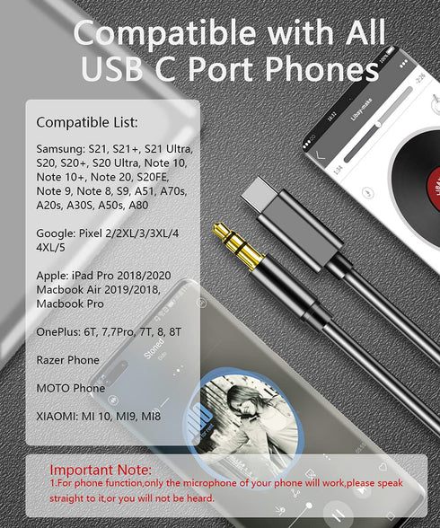 USB C to 3.5mm Audio Aux Jack Cable, Compatible with iPhone 15/15 Pro Max, Google Pixel 8/8 Pro, Galaxy S24/S23 Ultra