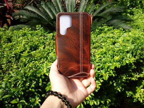 Yogurt S24 S24 Case for Samsung Galaxy Ultra, Genuine Leather Wallet Cover for Samsung Ultra, Handmade Dark Brown