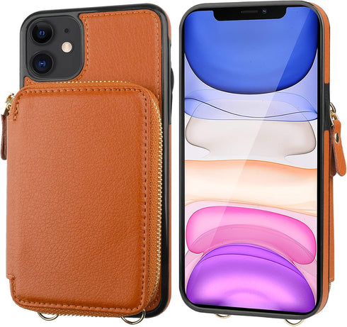 Bocasal RFID Blocking Wallet Case for iPhone 11, Adjustable Crossbody Zipper Purse Case with Kickstand, Brown