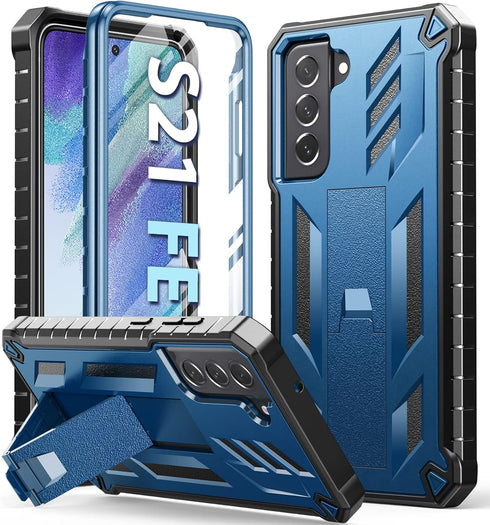 Samsung Galaxy S21-FE Phone Case, Dual-Layer Military Grade Drop Proof Cover with Kickstand, Blue