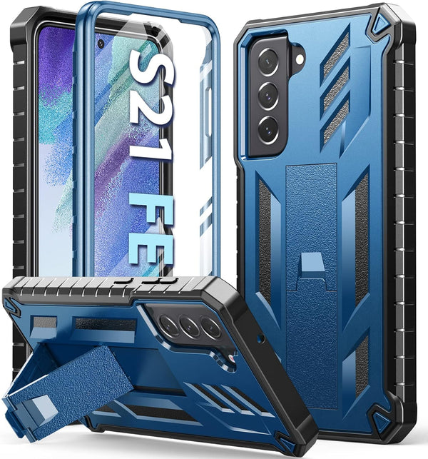 Samsung Galaxy S21-FE Phone Case, Dual-Layer Military Grade Drop Proof Cover with Kickstand, Blue