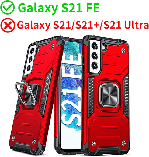 Anqrp Galaxy S21 FE Case - Military Grade Protective Cover with Rotatable Metal Ring Kickstand, Red
