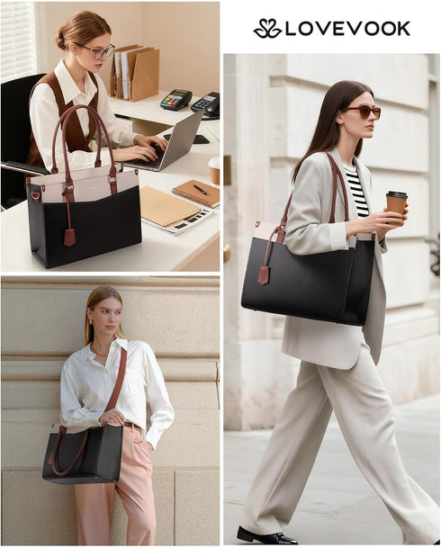 2-in-1 LOVEVOOK Laptop Bag for Women, Tote Purse with Clutch & Cup Holder, Waterproof Briefcase for Work Travel