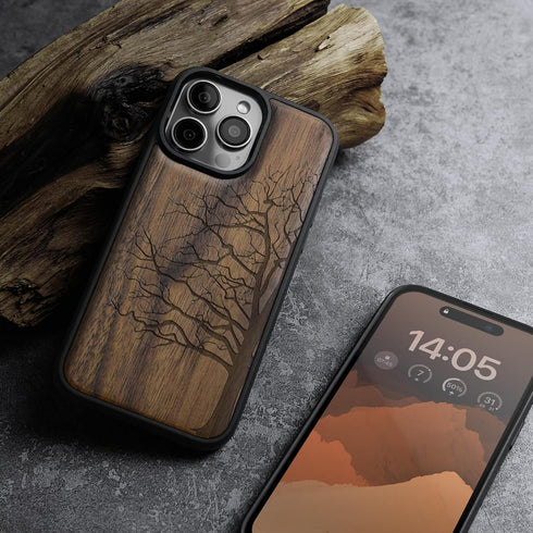 Carveit 16 Magnetic Wooden Case for iPhone Pro Case, Wood Artisan Engraved & Black Soft TPU Shockproof Cover
