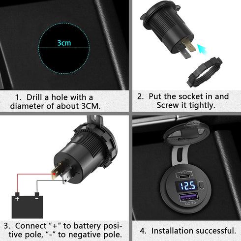 Qidoe USB C Car Charger Socket, 12V/24V Dual USB Outlet with LED Voltmeter & ON/Off Switch for Car, Boat, Truck