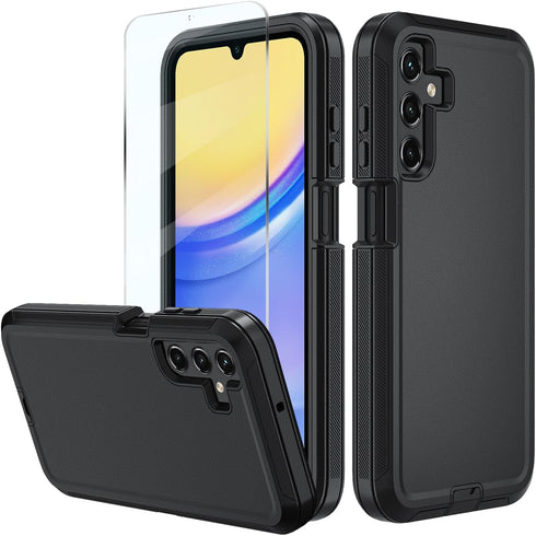 Heavy Duty Case for Samsung Galaxy A15 5G, with Belt-Clip and Tempered Glass Screen Protector, Military Grade