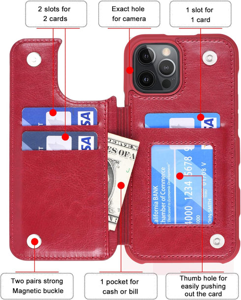 Arae Compatible for iPhone 12 Pro Max Case - Wallet Case with PU Leather Card Holder Back Flip Cover (Wine Red)