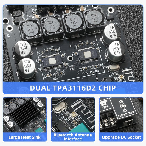 ZK-1002T 2.0 100W+100W TPA3116 Channel Bluetooth Amplifier Board Hi-Fi Stereo Amp with Antenna, Bluetooth and AUX Input