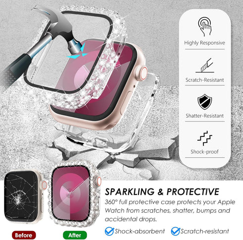 Surace 2 in 1 Waterproof Bling Case for Apple Watch Series 6 5 4 SE 44mm with Screen Protector, Lace Edge Diamond
