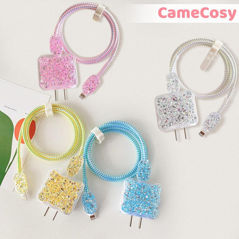 Luxury Cable Protector for iPhone Charger, Clear Wave Edge Glitter Design, USB Case Wire Saver for iPhone XR 8 11 12 13