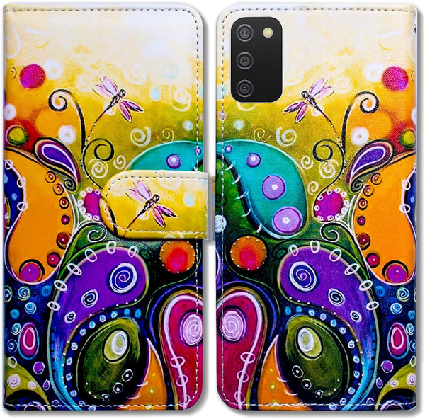 Case for Samsung Galaxy A02s, Colorful Dragonfly Leather Flip Phone Wallet Cover with Card Slot Holder and Kickstand.