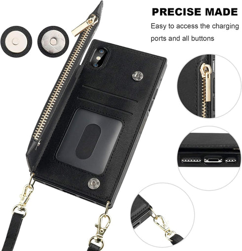 Bocasal Crossbody Wallet Case for iPhone X Xs, Card Holder, Zipper Card Slot Protector, Shockproof Purse Cover with