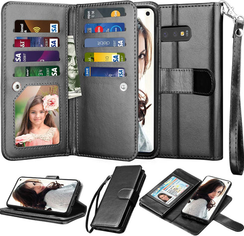 NJJEX Wallet Case for Galaxy S10E, PU Leather Flip Folio with 9 Card Slots, Detachable Kickstand, Magnetic Cover &