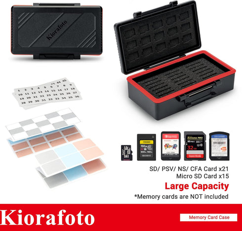 Kiorafoto 36 Slots SD MSD Memory Card Case Holder Water-Resistant Anti-Shock Storage Organizer for 21 SD SDHC SDXC Memory Cards or Switch Game Cards & 15 Microsd TF MSD Cards *2024 Vertical Style