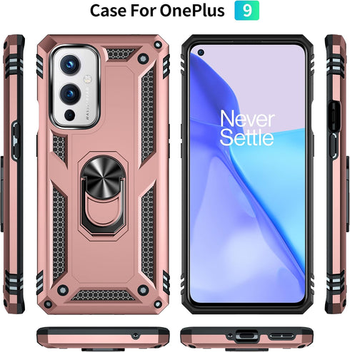 Military Grade Shockproof Case for Oneplus 9 5G, Armor Heavy Duty with 360 Metal Rotating Ring Kickstand (Rose Gold)