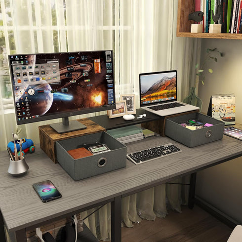 WESTREE Dual Monitor Stand Riser with Two Drawers, Extra Large Storage for 2 Monitors, Desktop Organizer