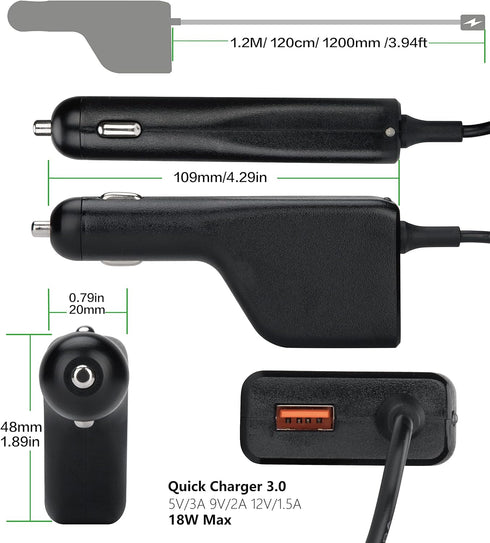 Laptop Car Charger with USB QC3.0 for HP Pavilion, Compaq, Presario, Envy, Elitebook, ProBook 19V 4.74A 90W