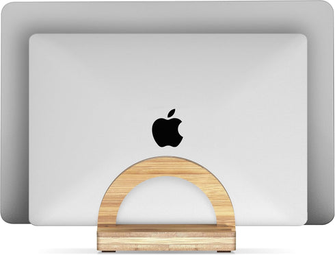 Premium Wood Vertical Laptop Stand, Adjustable Dual Slot Bamboo Holder for MacBook, Dell, HP, Space-Saving Desktop