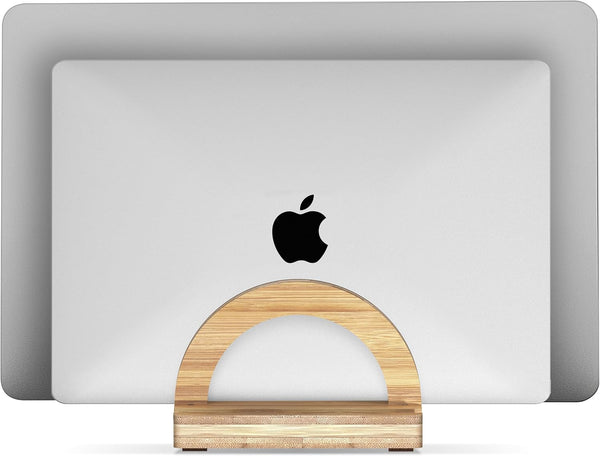 Premium Wood Vertical Laptop Stand, Adjustable Dual Slot Bamboo Holder for MacBook, Dell, HP, Space-Saving Desktop