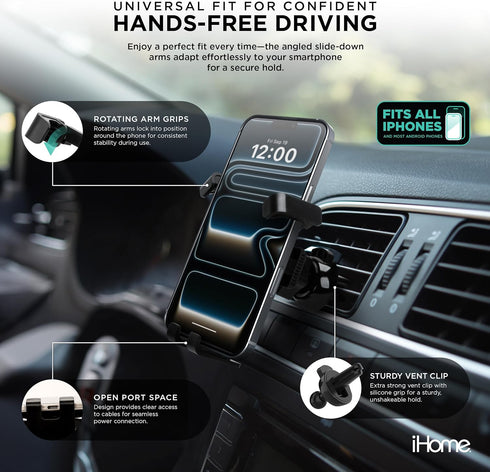 iHome Setup, Metallic Gravity Air Vent Phone Mount, Wide Compatibility, Effortless Secure Grip