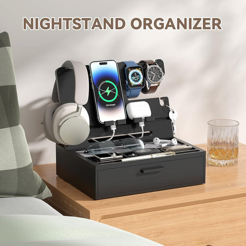 Pezin & Hulin Wooden Charging Station, Bedside Nightstand Tray, with Spacious Drawer, Felt Pads for Phones, Watch, Idea