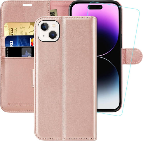 MONASAY Rosegold Wallet Case for iPhone 15 Plus/14 Plus 5G, 6.7" - Flip Folio, RFID Blocking, Credit Card Holder, Glass