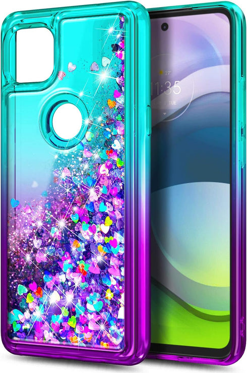 NZND Case for Motorola One 5G Ace - Tempered Glass Screen Protector, Sparkle Glitter Flowing Liquid Case