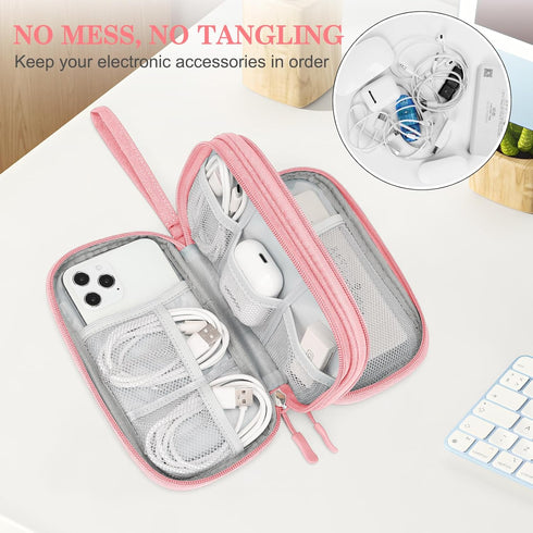 FYY Electronic Organizer Travel Bag, Portable Waterproof Double Layers Pouch for Cable, Charger, Phone, Earphone, Pink