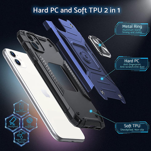 Anqrp iPhone 11 Case, Military Grade Protective Cover with Enhanced Metal Ring Kickstand, Blue