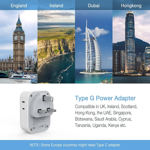 TESSAN US to UK Plug Adapter, Type G Travel Converter with 3 USB Charger and 4 Outlets for USA to UK