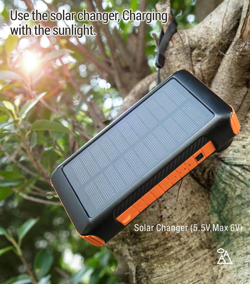 Solar Power Bank 20,000mAh with Hand Crank and 4 Cables, 22.5W Fast Charge, 5 Outputs, SOS Flashlights, Carabiner