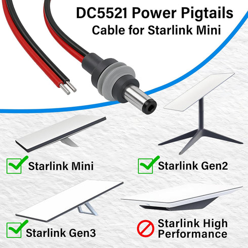 Groovely 14AWG IP65 5.5mm 2.1mm (3.2Ft) Starlink Mini Power Extension Cable, Waterproof DC x Male to Bare Wire Cord