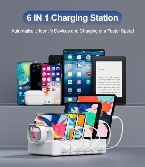 Charging Station for Multiple Devices, 6 Port 50W Fast Multi Charger Station with 6 Mixed Charging Cables for iPhone