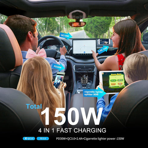 USB C Car Charger, 90W Cigarette Lighter Adapter, Fast Charging PD QC 3.0, Charger Socket Splitter with 3 USB Ports LED