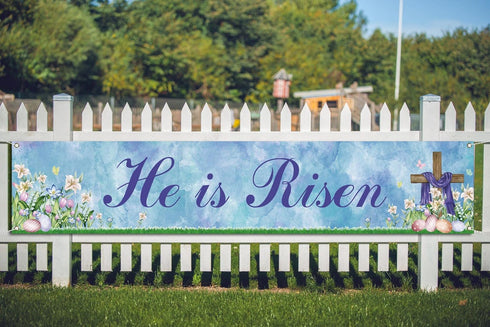 He is Risen Fence Banner, Easter Christian Cross Lily Eggs Religious Party Photo Booth Outdoor Decoration