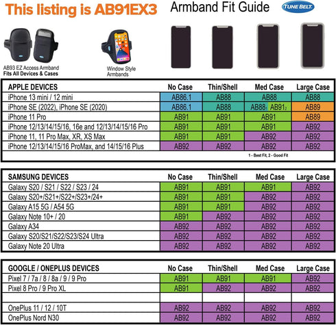 Tune Belt AB91 Running Armband for iPhone 16/15/14/13/12, 11-16 Pro, Galaxy S24/S23 - Sweat-Resistant, Comfortable