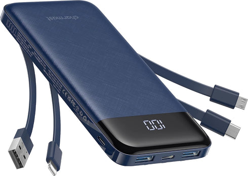 Portable Charger with Built-in Cables, Slim 10000mAh Travel Essentials Battery Pack 6 Outputs 3A High Speed for iPhone