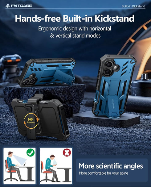 FNTCASE 17 6.3 inch-Blue for iPhone Phone Case: Military Grade Rugged Cell Phone Cover with Kickstand & Holster |