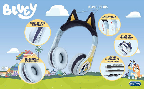 eKids Bluetooth Headphones for Kids, Bluey Wireless Headphones with Microphone, Includes Aux Cord, Volume Reduced,
