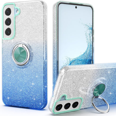 Galaxy S22 Case, Slim Fit Glitter Sparkly Cover with 360° Ring Holder Kickstand for Girls Women (Blue)