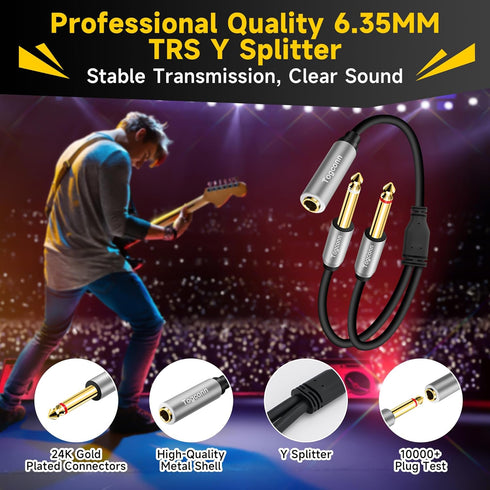 1/4 inch TRS Stereo Splitter Y Adapter, 6.35mm Stereo Female to Dual 6.35 mm TS Mono Male Jack, Quarter inch Audio Speaker Splitter Converter Cable 1 Feet, Gold Plated Connectors
