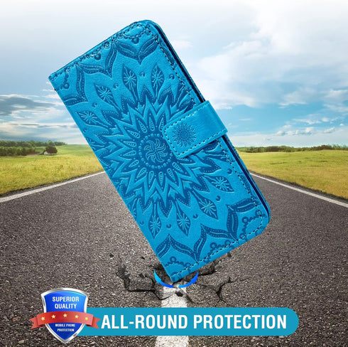 Asuwish Wallet Phone Case for Alcatel Lumos (DALN5023) / Axel (5004R) - Blue Sunflower Leather, Slim Flip, Card Holder,