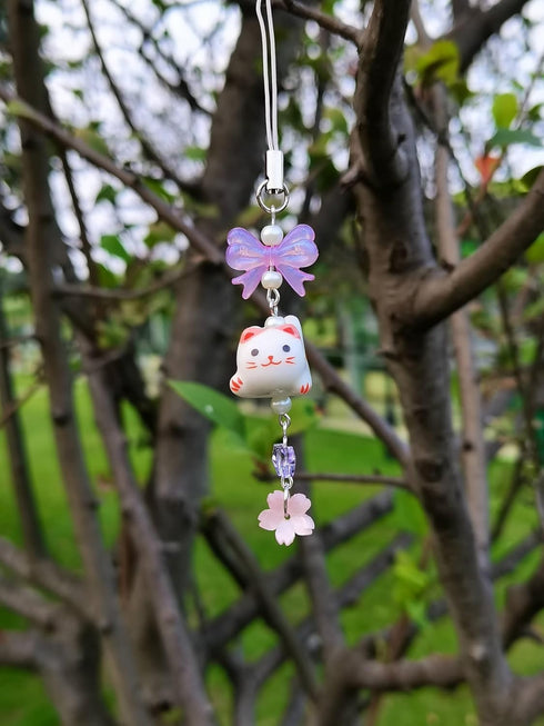 Cute Lazy Cat Phone Charm with Bow, Flower, Fish, Butterfly Beaded Aesthetic Keychain Accessories