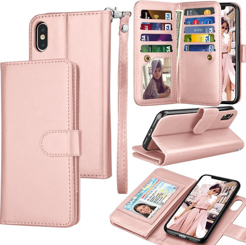 Tekcoo Luxury Wallet Case for iPhone Xs/iPhone X, Rose Gold PU Leather Flip Cover with Detachable Magnetic Hard Case