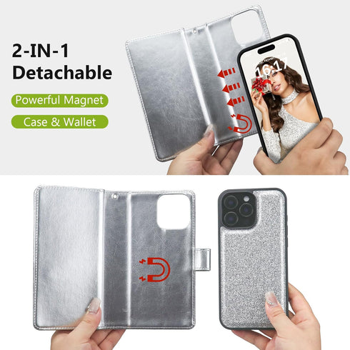 Varikke Detachable Wallet Case for iPhone 13 Pro Max, Card Holder, Fashion Glitter PU Leather Magnetic Flip Cover,
